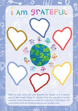 Load image into Gallery viewer, Cornflower blue page from childrens journal dedicated to gratitude. A selection of hearts to fill in what we are grateful for.