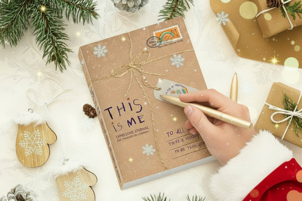A christmas themed table with kids journal in center amd santa writing on it. 