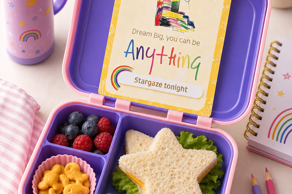 Emily and Eve I Am Magical affirmation card in a school lunchbox with healthy snacks