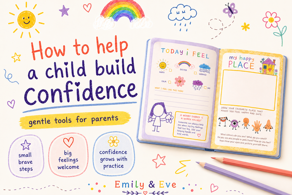Emily and Eve kids wellbeing journal with playful doodles and tips on how to help a child build confidence.