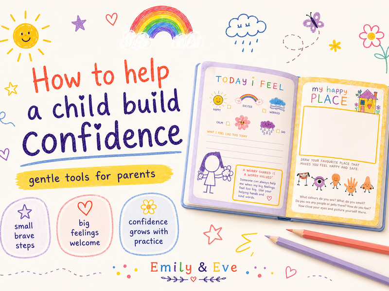 Emily and Eve kids wellbeing journal with playful doodles and tips on how to help a child build confidence.