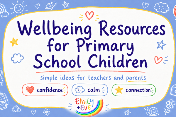 Emily & Eve illustrated blog image for wellbeing resources for primary school children, with doodles about confidence, calm and connection for teachers and parents.