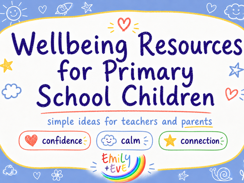 Emily & Eve illustrated blog image for wellbeing resources for primary school children, with doodles about confidence, calm and connection for teachers and parents.