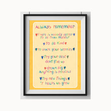 Load image into Gallery viewer, children's wall print with colourful handwritten affirmations family values
