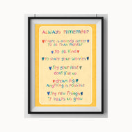 children's wall print with colourful handwritten affirmations family values