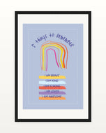 Framed poster print with a childrens rainbow and motivational text on a light blue background